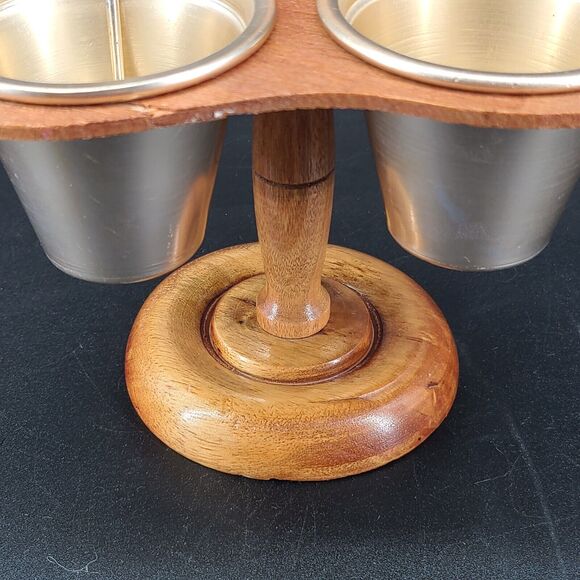 Vintage Wood Condiment Server Caddy Three Cups Spoon Made In Japan - Picture 8 of 9